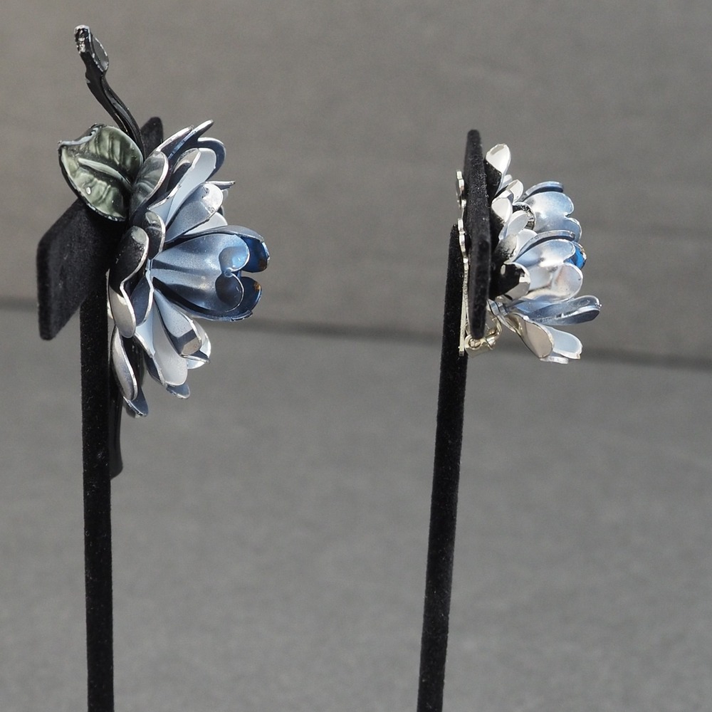 Coro Brooch Earrings Demi Parure Flower Enamel Blue Rhinestone Vintage Estate - Picture 14 of 15